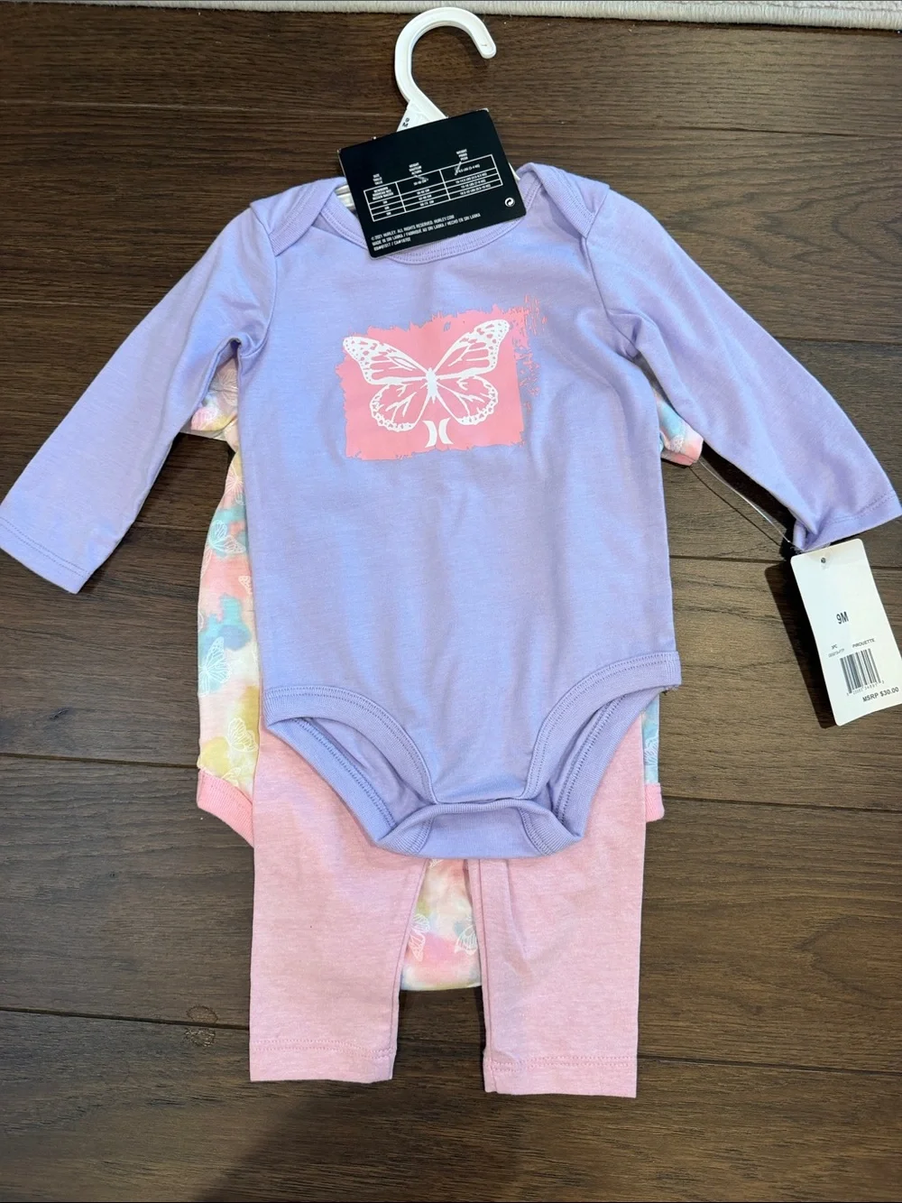 Hurley Baby Girls 3 Butterfly Print Piece Set Size 9 Month - NWT - C8-125